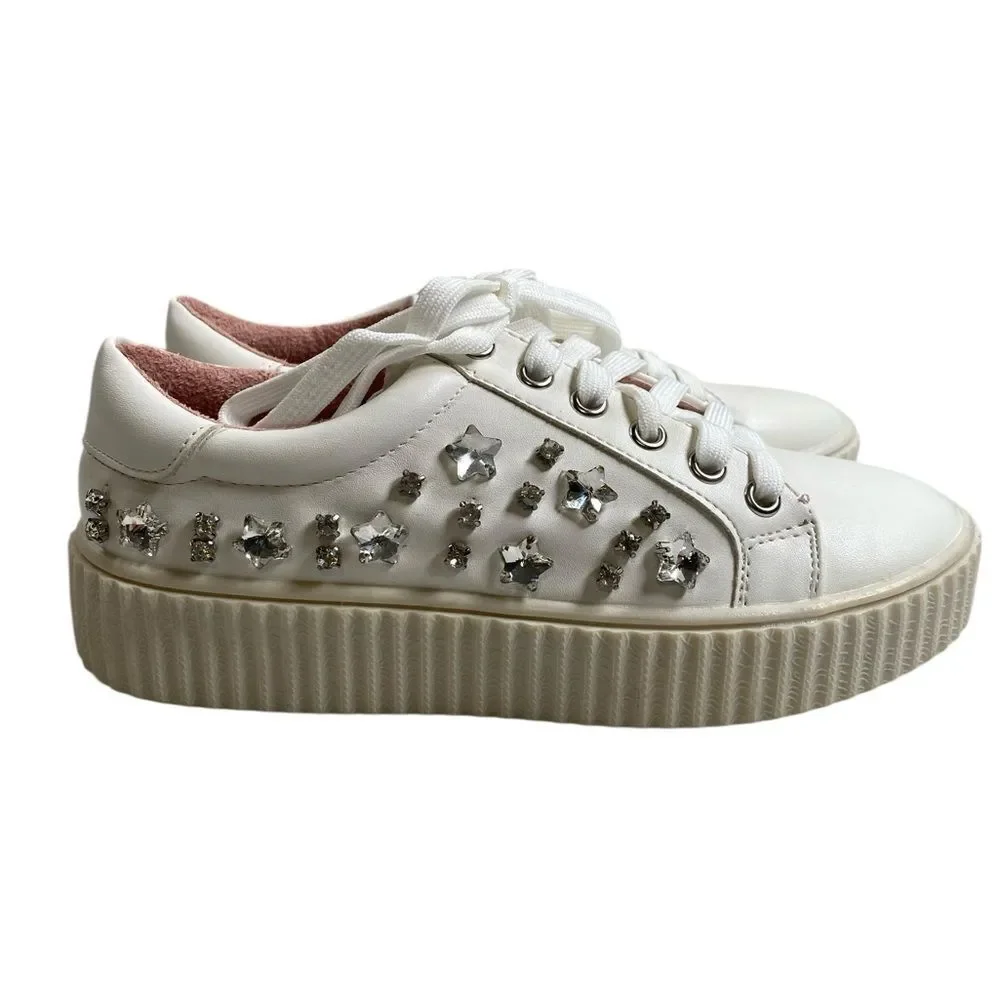 NIB Lauren Lorraine Girls White “Pam” White Rhinestone Lace Up Sneakers Size 5.5